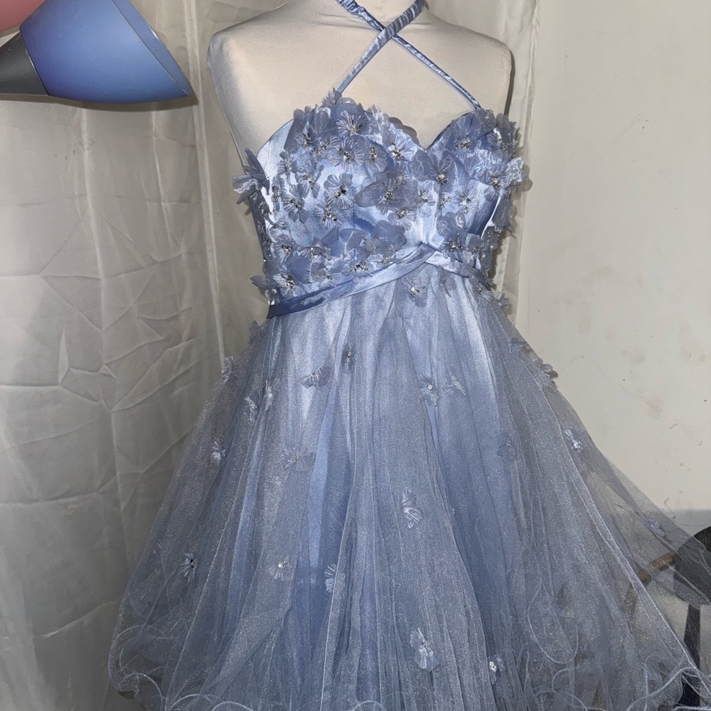 Blue Floral Tulle Halter Party Dress